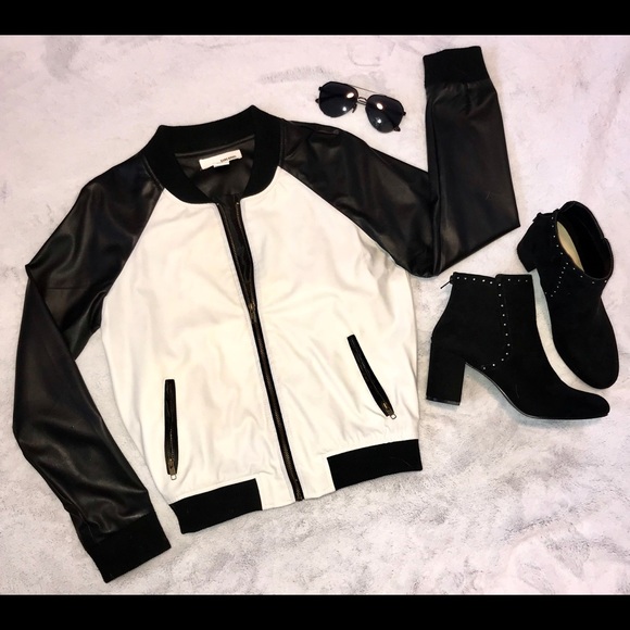 Sans Souci Jackets & Blazers - White and Black Faux Leather Bomber Jacket